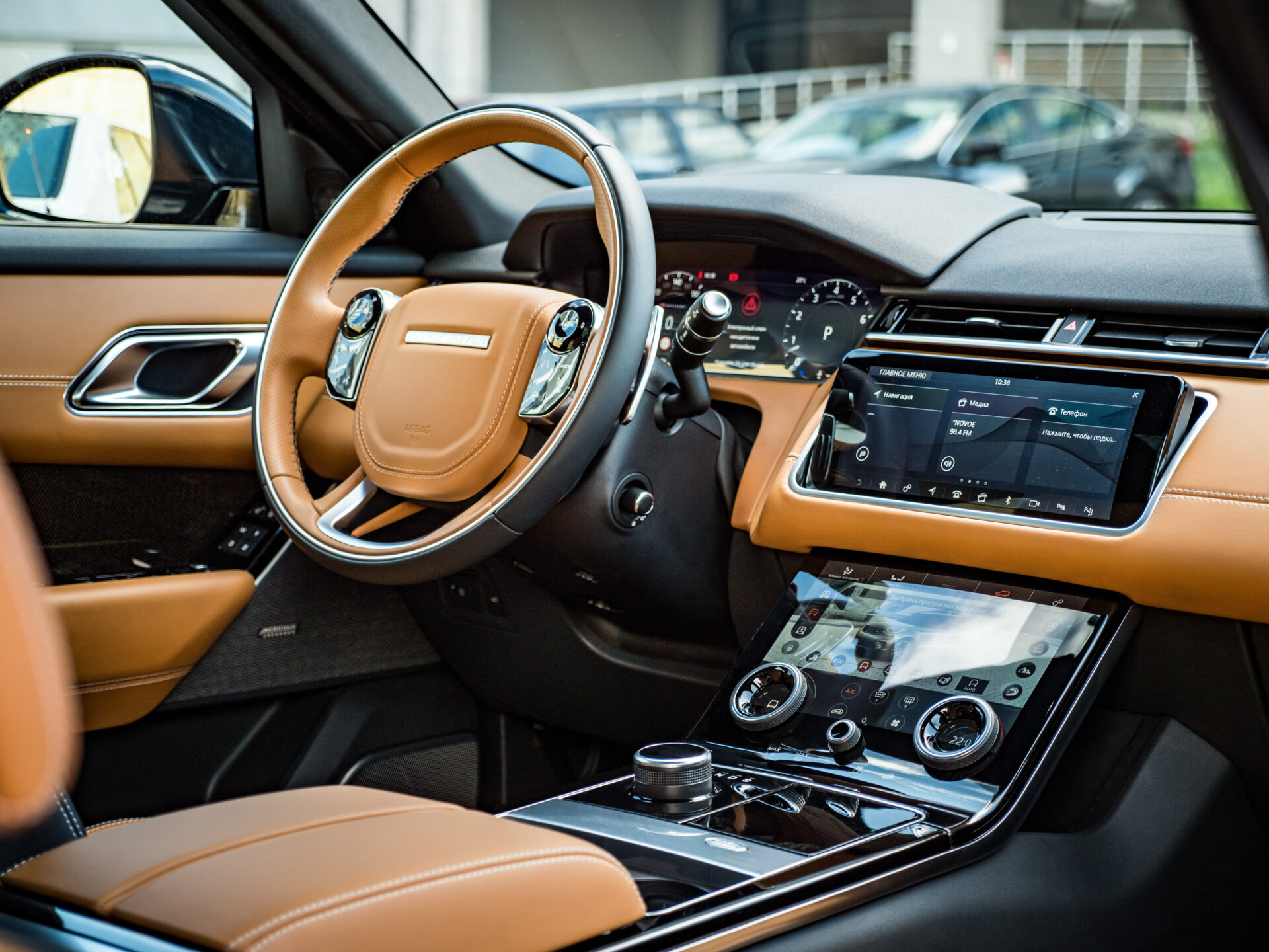 Minsk, Belarus - August 7, 2018: Photo of Range Rover Velar's optional high-definition 12.3” Interactive Driver Display. Display features ultra sharp resolution delivering smooth curves and sharp edges. Velar's driver can interact directly with the display and can control media, make and receive phone calls and select features to populate chosen view.